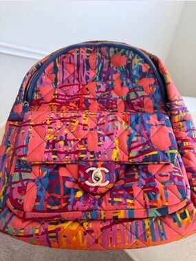 CHANEL Multicolor Quilted Canvas Backpack — Pink Accent